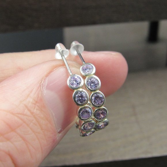 Sterling Silver Curved Half Hoop Clear Cubic Zirconia Earrings Vintage - Picture 3 of 8